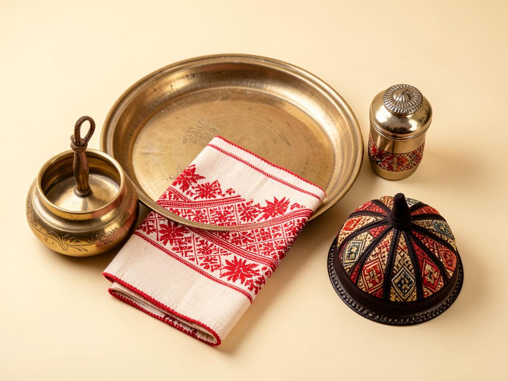 Assamese xorai, gamosa and japi arranged on a cream background