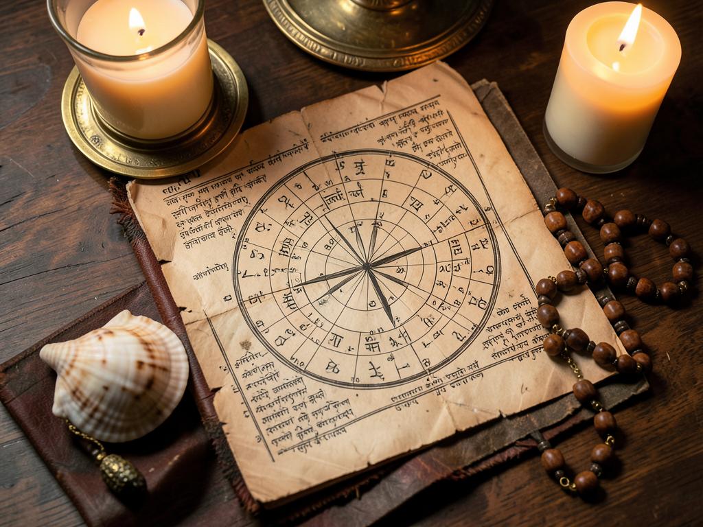 Traditional astrological chart with prayer beads and candlelight