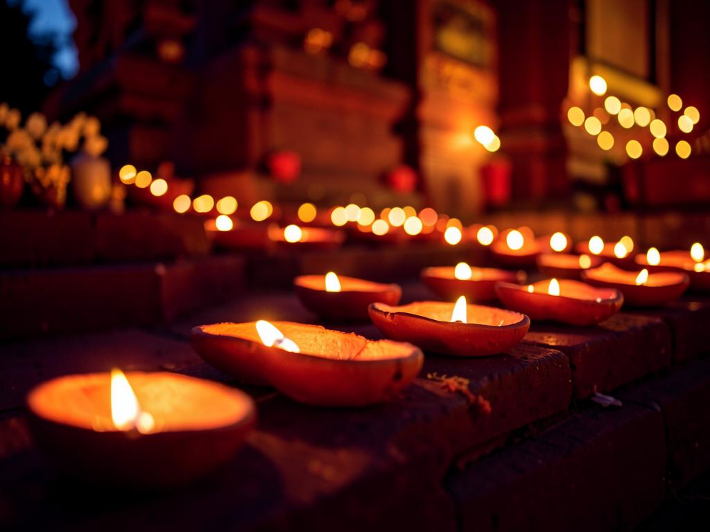 Row of clay diya lamps glowing on temple steps at dusk
