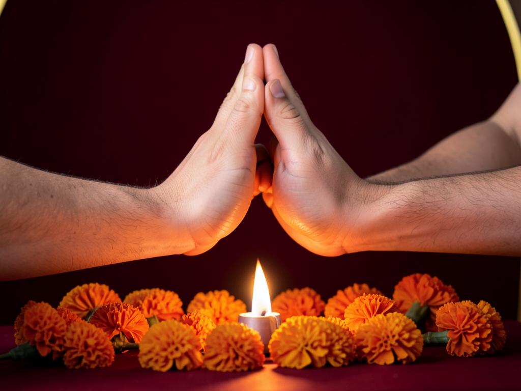 Hands joined in namaste above a small lamp flame and marigold flowers