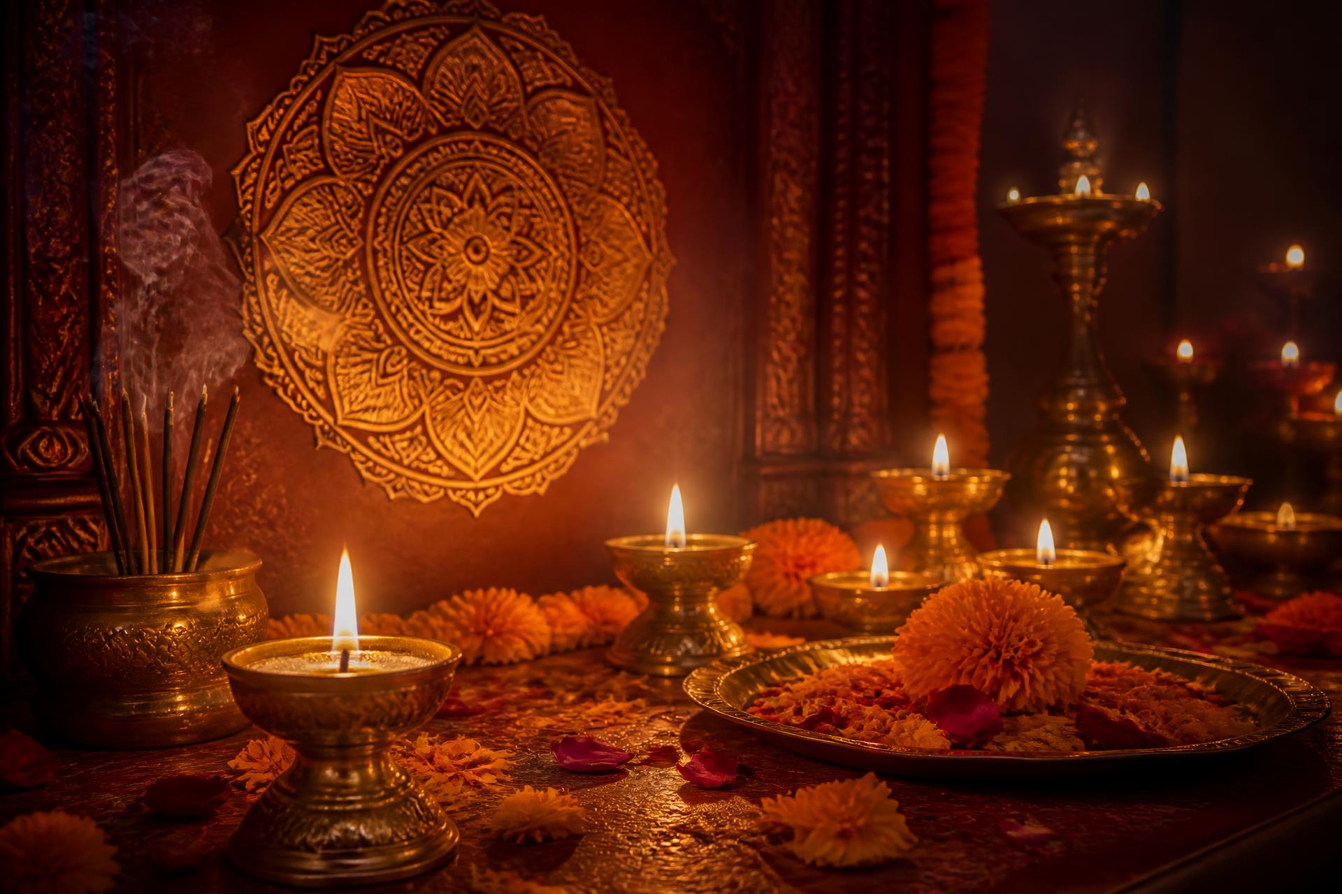 Brass oil lamps, marigold flowers and incense arranged for a traditional spiritual ritual