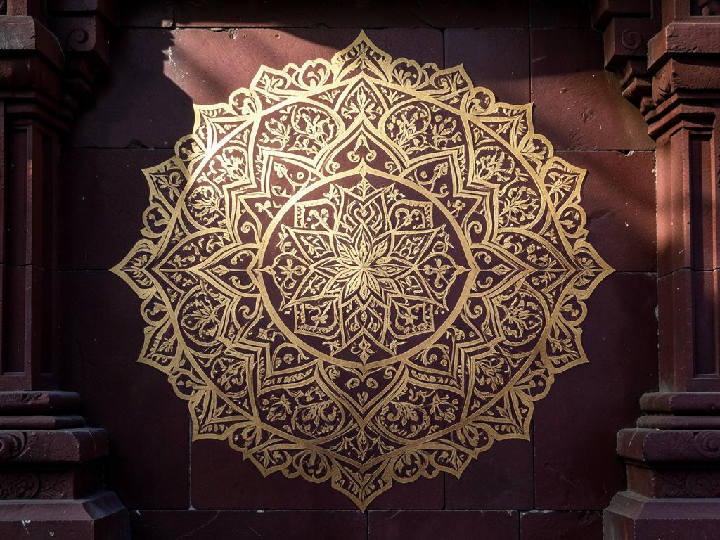 Golden mandala engraving on a maroon temple wall