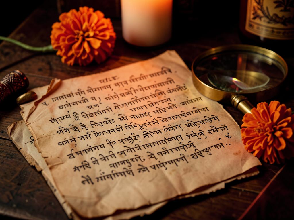 Old handwritten manuscript beside marigolds and a candle