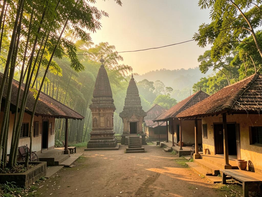 Village temple courtyard in Mayong, Assam, at golden hour