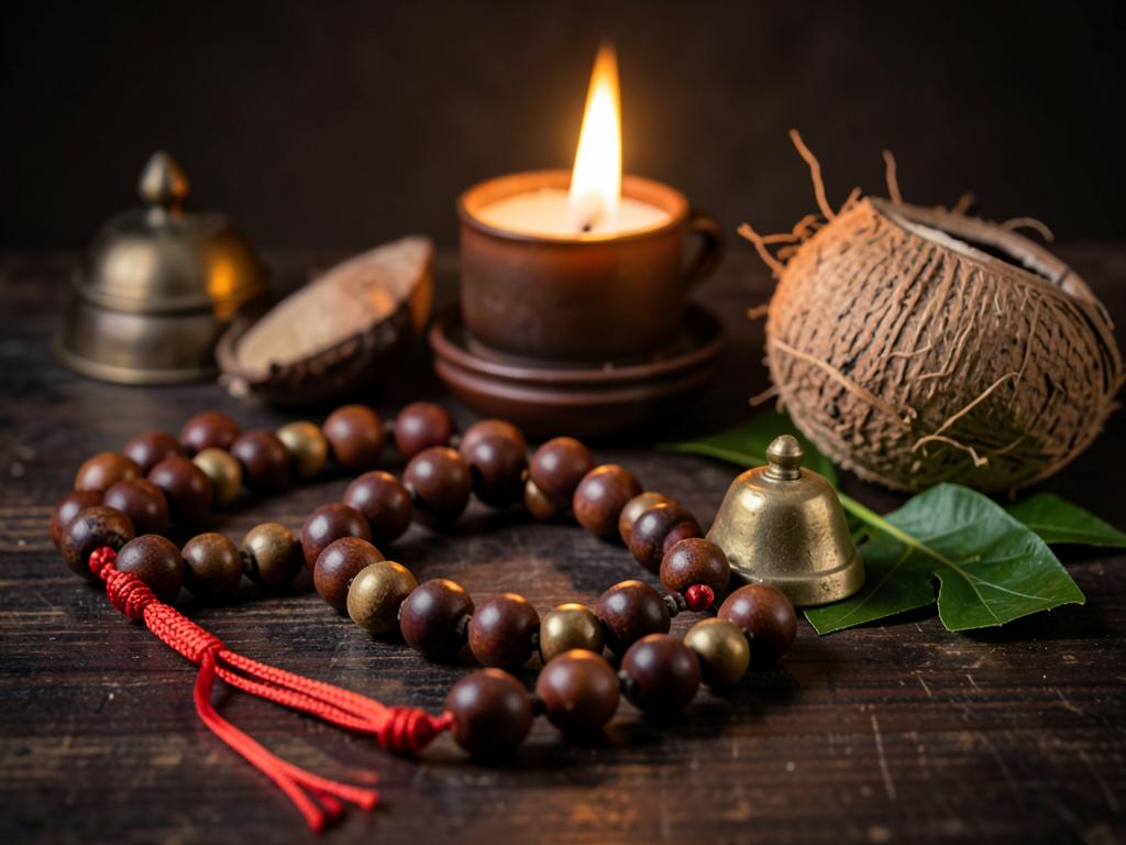 Prayer beads, brass bell, coconut and betel leaves on dark wood