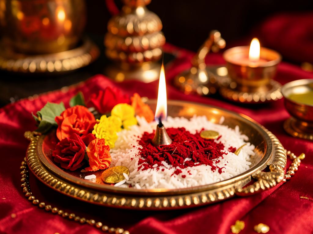 Brass puja thali with vermilion, rice, flowers and a lit lamp